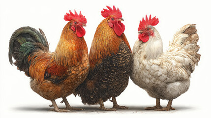 Four chickens, including three roosters and one hen, standing side by side, showcasing diverse feather colors and patterns.