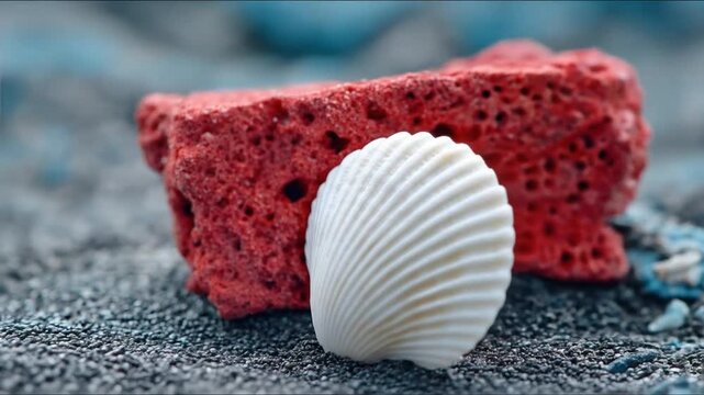 A white seashell stands near a porous red coral against a backdrop of small grey pebbles