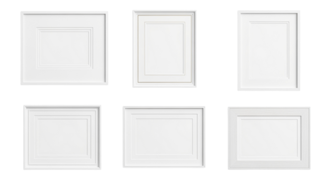 Collection of stylish white picture frames ready for your art, perfect for showcasing family memories, adding a touch of elegance to home decor, or presenting professional photography projects beautif