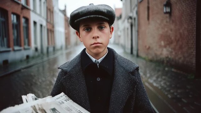 Historical portrait of a young newsboy on a wet cobblestone street. Cinematic slow zoom on a child worker holding newspapers. Poverty and the past concept