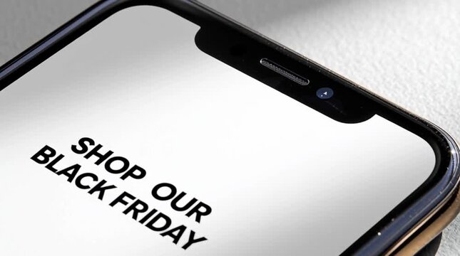 The black text "Black Friday has begun" on a white smartphone screen.