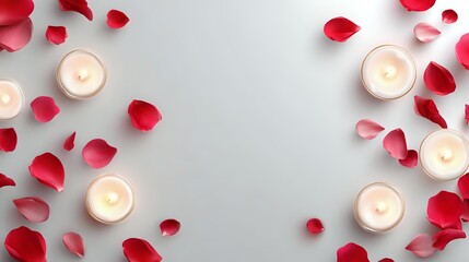 Overhead view of candles and scattered rose petals romantic background for spa treatments weddings or Valentines Day