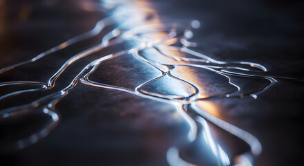 Water droplets on a dark metallic surface creating a shimmering abstract pattern