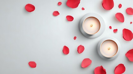 Two lit candles surrounded by scattered red rose petals creating a romantic and serene atmosphere perfect for spa or wellness promotions
