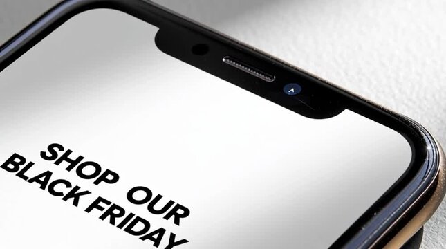 The black text "Black Friday has begun" on a white smartphone screen.