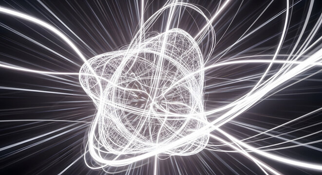 Abstract glowing light trails and swirling patterns against a dark background