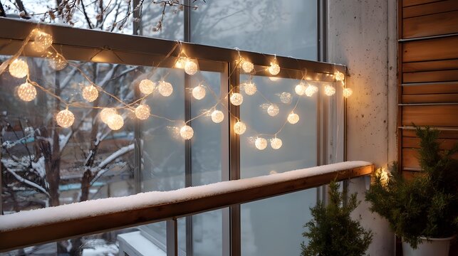 String of glowing fairy lights on a snowy balcony creating a cozy and festive winter atmosphere perfect for holiday backgrounds - Powered by Adobe