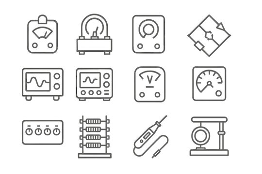 Laboratory Meter Icons. Line style icons of laboratory meters: galvanometer, potentiometer, rheostat, Wheatstone bridge;