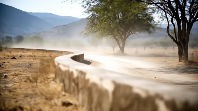 A winding dirt road curves towards the horizon, framed by trees and mountains in the distance