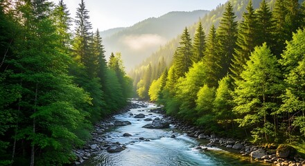 A breathtaking mountain river flows through a vibrant green forest, illuminated by gentle sunlight filtering through misty peaks in a serene natural landscape