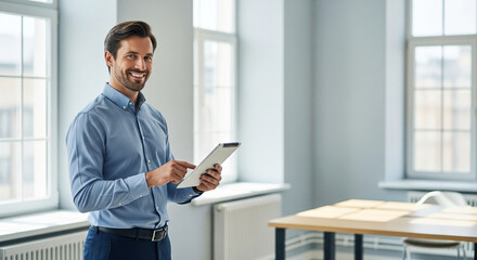 Smiling businessman using tablet in bright office