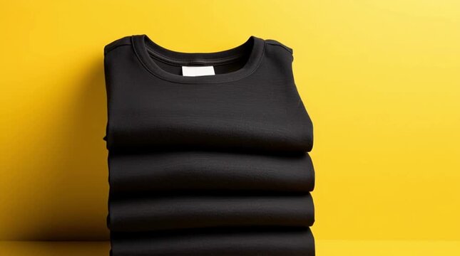 A stack of black T-shirts on a yellow background. The concept of a sale for a clothing store. A banner for a clothing website.