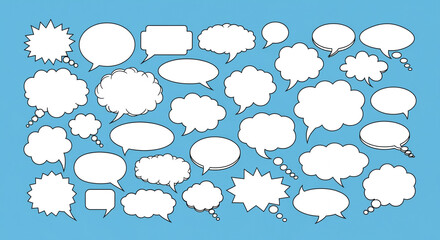 Large Collection of Blank Comic Style Speech Bubbles and Thought Balloons on a Blue Background