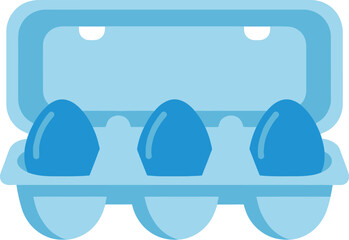 Three bright blue eggs presented in an open light blue carton, isolated for clarity. ideal for food, breakfast, grocery, cooking, or unique holiday themes.