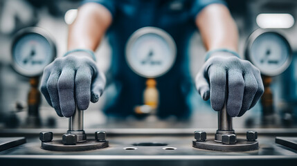 A close-up of a worker's hands operating machinery in an industrial setting. The worker wears gray gloves and is focused on the task at hand.
