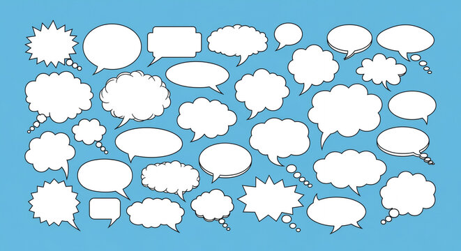Large Collection of Blank Comic Style Speech Bubbles and Thought Balloons on a Blue Background