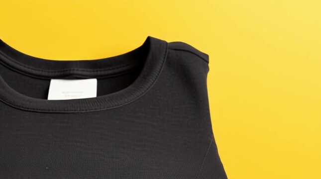 A stack of black T-shirts on a yellow background. The concept of a sale for a clothing store. A banner for a clothing website.
