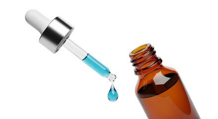 Essential oil dropper with vibrant blue liquid and amber bottle promotes wellness, relaxation, and natural skincare, ideal for aromatherapy and beauty product design, modern health