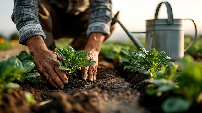 A person with tanned skin and short hair plants seedlings in rich soil. A watering can is visible in the background. The scene represents sustainable agriculture.