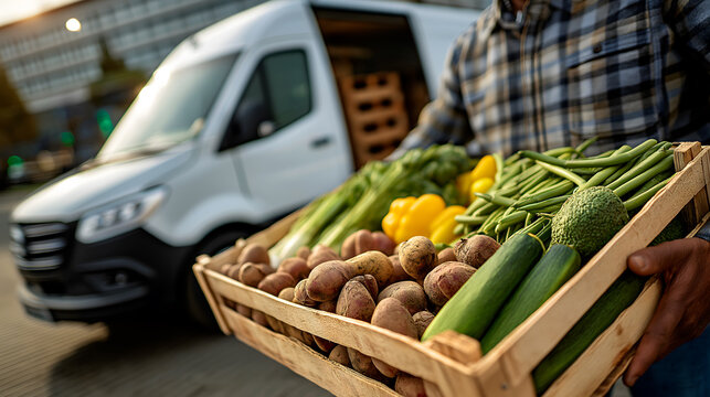 A man holds a wooden crate filled with fresh vegetables, including potatoes, leeks, and yellow peppers. A delivery van is parked in the background.