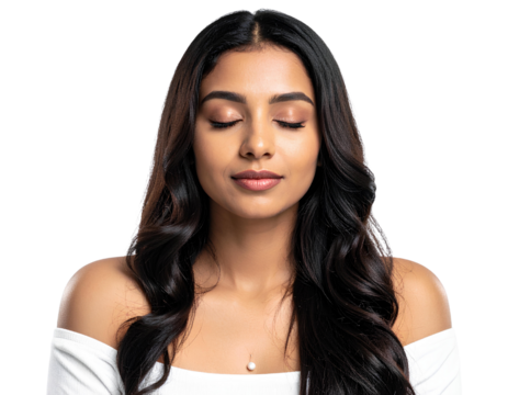 Serene woman with closed eyes experiencing peace, relaxation, and mindfulness, isolated on transparent background.