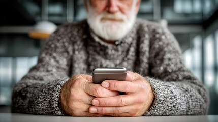 Senior Caucasian man with a white beard using a smartphone. He wears a cozy gray sweater and is seated at a table in a modern indoor setting.