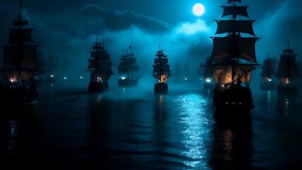 A vivid portrayal of a fleet of ships in a misty sea under a full moon. The ships are illuminated by the moonlight, casting a soft glow on their hulls and the surrounding waters.