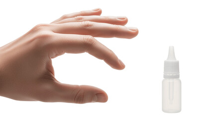 Hand demonstrates the small size of a translucent dropper bottle for pharmaceutical, healthcare or cosmetic use, showcasing precise dosage and product application in a clear visual demonstration
