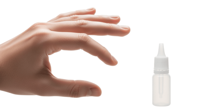 Hand demonstrates the small size of a translucent dropper bottle for pharmaceutical, healthcare or cosmetic use, showcasing precise dosage and product application in a clear visual demonstration