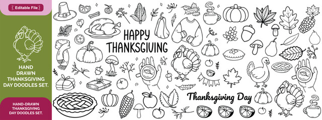 Hand-drawn Thanksgiving Day doodles collection. Line art illustrations with food, harvest, pie, turkey etc. Set of different holiday icons 