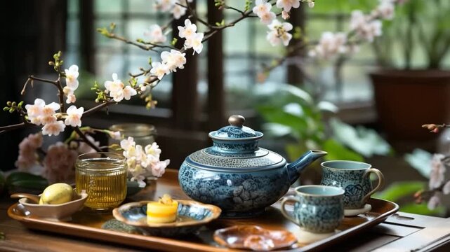 Traditional asian tea ceremony in slow motion video with teapot and cup of herbal green tea with blossom flowers.Camera moving.AI Generative