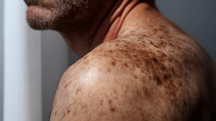 Close-up of a man's shoulder showing skin with freckles and age spots. The man has light brown hair and a beard, highlighting skin texture and imperfections.