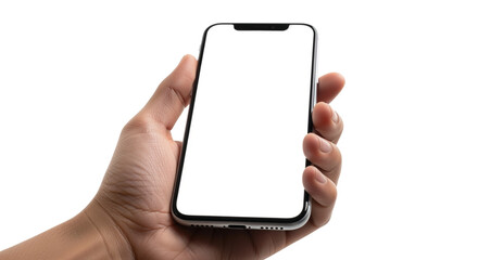 Modern smartphone with blank display held confidently in hand, showcasing app or website design, perfect for mobile technology marketing and communication solutions, connecting globally, engaging user