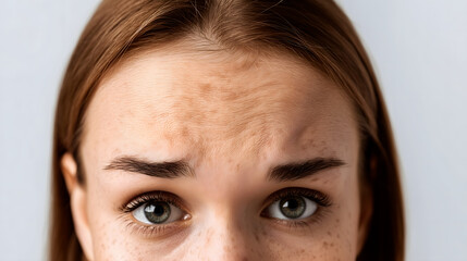 Close-up of a young Caucasian woman with brown hair and freckles. She has visible forehead lines and a concerned expression. Neutral background.