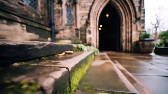 Low-angle view of stone steps leading to an arched doorway, the path reflecting light