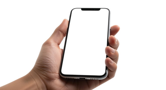 Modern smartphone with blank display held confidently in hand, showcasing app or website design, perfect for mobile technology marketing and communication solutions, connecting globally, engaging user