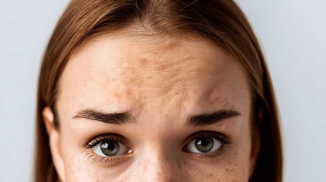 Close-up of a young Caucasian woman with brown hair and freckles. She has visible forehead lines and a concerned expression. Neutral background.