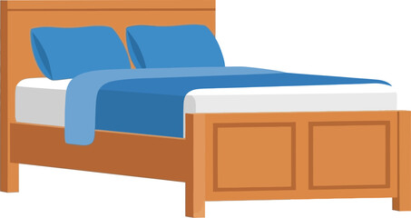 Cozy single or double bed with wooden frame, blue pillows, and crisp white sheet with blue duvet, perfect for comfortable sleep and relaxation in a modern home