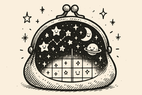 Starry Reticule Surprise. A doodle scene of a reticule opening to reveal a gridded sight inside, glowing with smiling