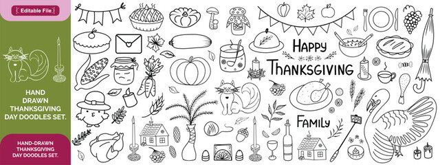Hand-drawn Thanksgiving Day doodles collection. Line art illustrations with food, harvest, pie, turkey etc. Set of different holiday icons 