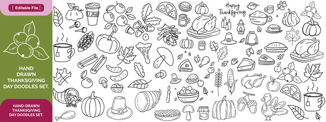 Hand-drawn Thanksgiving Day doodles collection. Line art illustrations with food, harvest, pie, turkey etc. Set of different holiday icons 
