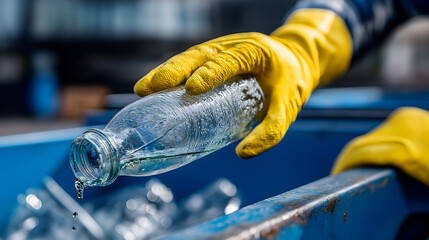 A gloved hand holds a glass bottle over a recycling bin. The scene emphasizes recycling and environmental sustainability efforts.