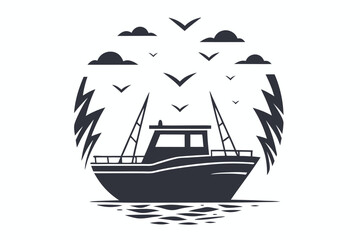 Silhouette of a fishing boat cruises the ocean beneath clouds and birds