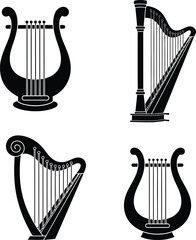 Stylized musical string instruments collection: two classical harps and two ancient lyres, depicted as elegant black silhouette icons.