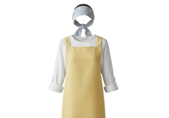 Yellow apron with white long sleeve shirt and striped headband isolated PNG, cooking and cleaning apparel on transparent background