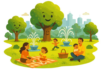 Fototapeta premium Urban Green Oasis. Green park in the city center with smiling trees, playful fountains, and families picnicking on glowing grass