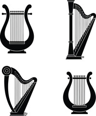 Silhouette icons of diverse stringed musical instruments, featuring classical harps and ancient lyres, presented in black on a white background