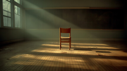A solitary wooden chair stands in an empty classroom. Sunlight streams through the windows, casting shadows on the floor. The atmosphere is quiet and reflective.