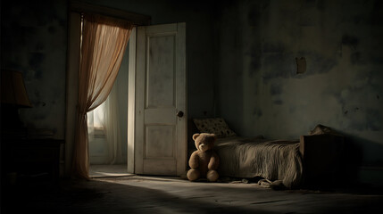 An empty, dimly lit room with a bed and a teddy bear on the floor. A partially open door reveals soft light from outside. Dusty walls and a curtain add to the atmosphere.
