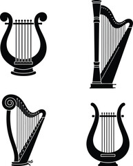 Black silhouettes of classic string instruments, including concert harps, folk harps, and ancient lyres, perfect for music, history, and art design icons.